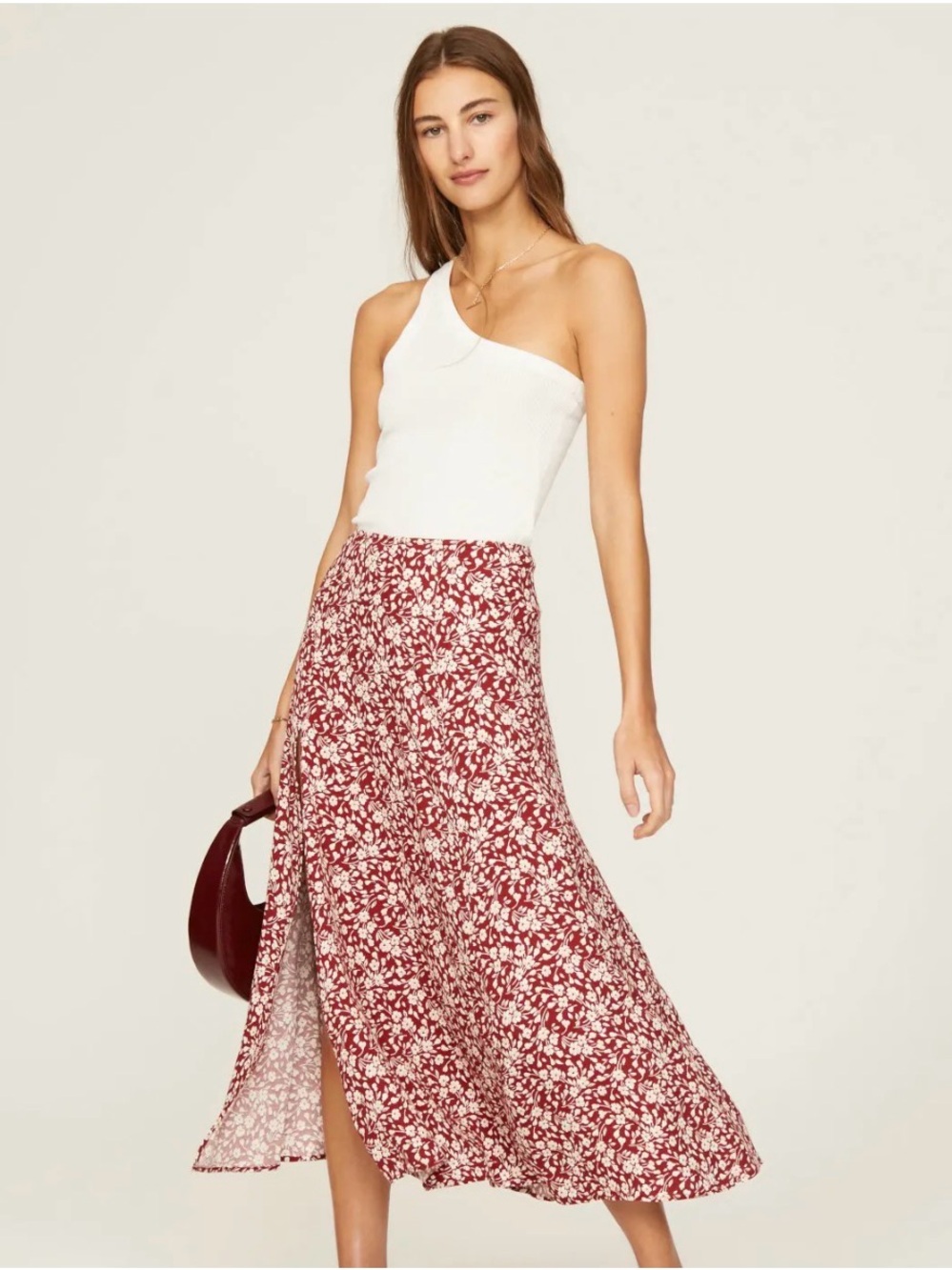 Reformation red and White Floral Midi Skirt Zoe side slit skirt size 4